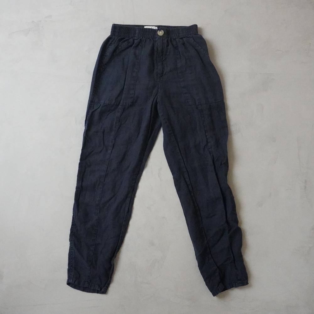 Lou & Grey 100% Linen Pants XS Womens Navy Blue Elastic Waist Tapered Casual